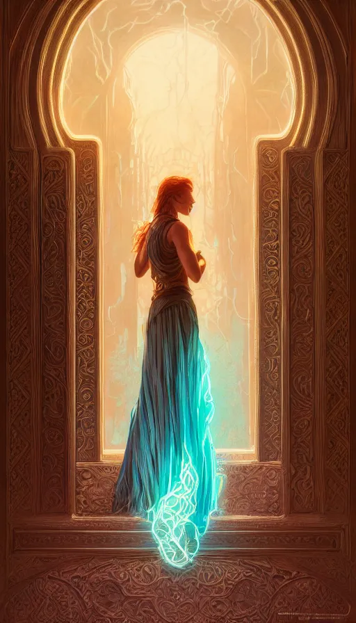 Image similar to door, gorgeous woman, lord of the rings ,neon, fibonacci, sweaty, insane, intricate, highly detailed, digital painting, artstation, concept art, smooth, sharp focus, illustration, Unreal Engine 5, 8K, art by artgerm and greg rutkowski and alphonse mucha