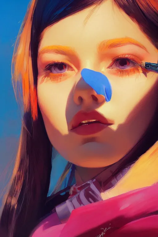 Image similar to A ultradetailed beautiful panting of a stylish woman looking at the camera, she has colorful stickers on her face, bright sunny day, Oil painting, by Ilya Kuvshinov, Greg Rutkowski and Makoto Shinkai