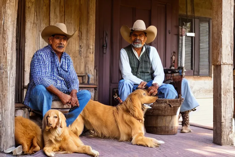 Image similar to Indian cowboy on the country western porch with his golden retriever cinematography by Steven Spielberg