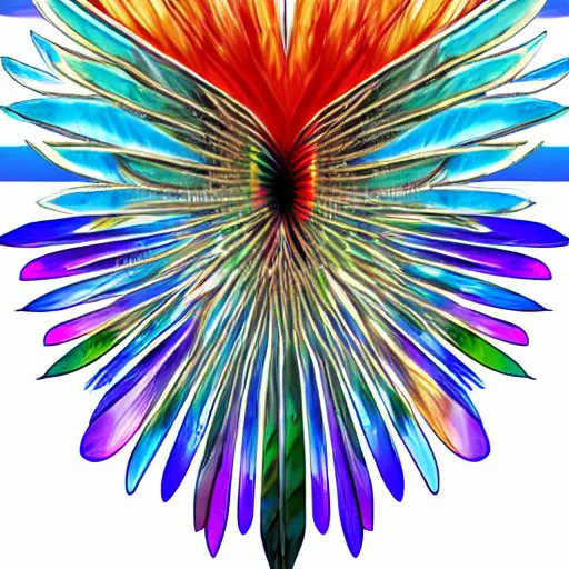 Image similar to spear of feathered wings, prismatic, multi colored feathers, anime style, white background