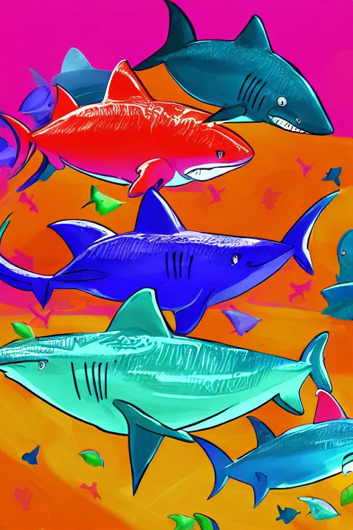 Prompt: colorful sharks swimming in a cereal bowl, digital art, artstation trending, digital painting