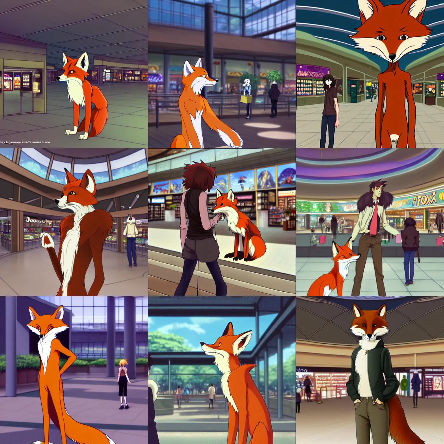 Prompt: an anthropomorphic natural furry ( ( fox ) ) person shopping at a futuristic mall, photorealistic!!!!, anime!!!!, makoto shinkai, james gurney, don bluth, disney, hibbary, dark natasha, goldenwolf, furaffinity, fursona, commission