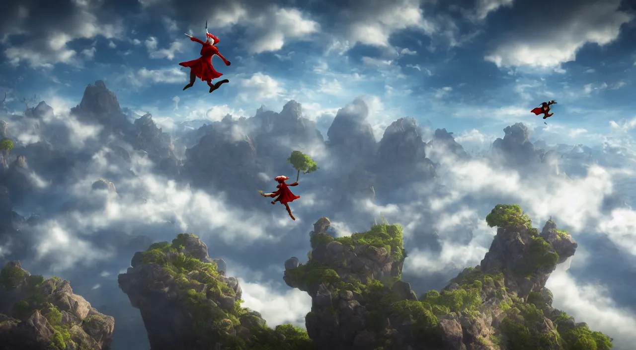 Prompt: peter pan flies through the clouds above neverland, dreamcore. 8k resolution, photograph, unreal engine, beautiful art, trending on art station, dreamcore.