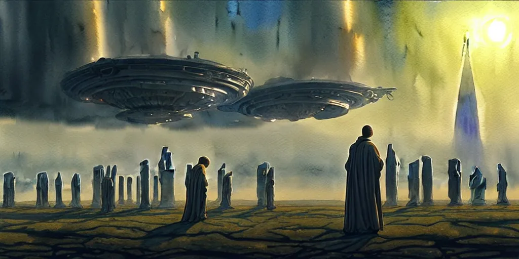 Image similar to a hyperrealist watercolor concept art of a giant alien ship from independence day on the horizon of a futuristic city in stonehenge. a medieval monk in grey robes is in the foreground. golden hour. very muted colors, by rebecca guay, michael kaluta, charles vess. high detail, hq, wide shot, 4 k