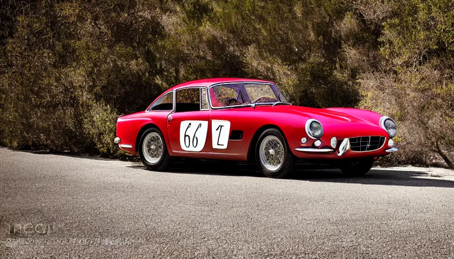 Image similar to photograph, 1958 FERRARI 250 GT, by Pete Biro, Peter Singhof, press release, cinematic, malibu canyon, 8k, depth of field, bokeh. rule of thirds, copper paint