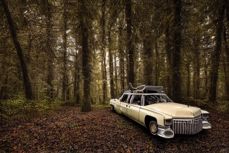 Prompt: a beautiful award - winning photo of a upsidedown, old cadillac, upsidedown in a dark forest, mushrooms, in a dark forest low light, by dimitri mellos