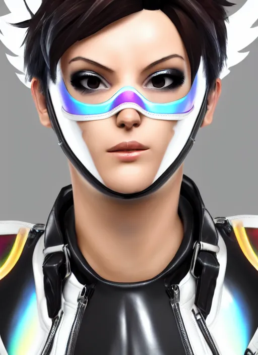 Prompt: portrait bust digital artwork of tracer overwatch, wearing white iridescent rainbow latex and leather straps catsuit outfit, 4 k, expressive happy smug expression, makeup, in style of mark arian, angel wings, wearing detailed black leather collar, chains, black leather harness, detailed face and eyes,