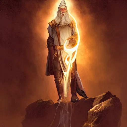 Prompt: Gandalf in the ruins of the temple of old gods holding a torch, featured on artstation, cinematic chiaroscuro, digital art by Leyendecker and Norman Rockwell