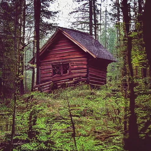 Prompt: a photo of a Eerie cabin in the middle of the woods photographed by a old 80s gameboy