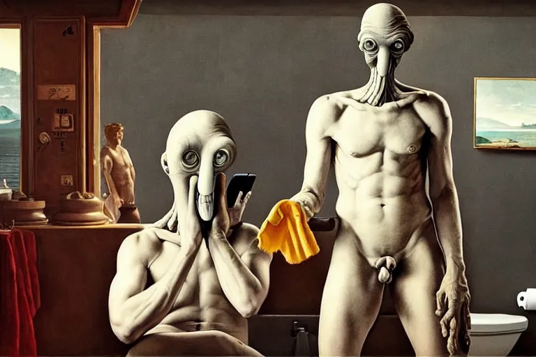 Prompt: hyperrealism aesthetic ridley scott and caravaggio and denis villeneuve style photography of a detailed giant squidward, siting on a detailed ultra huge toilet and scrolling his smartphone in surreal scene from detailed art house movie in style of alejandro jodorowsky and wes anderson