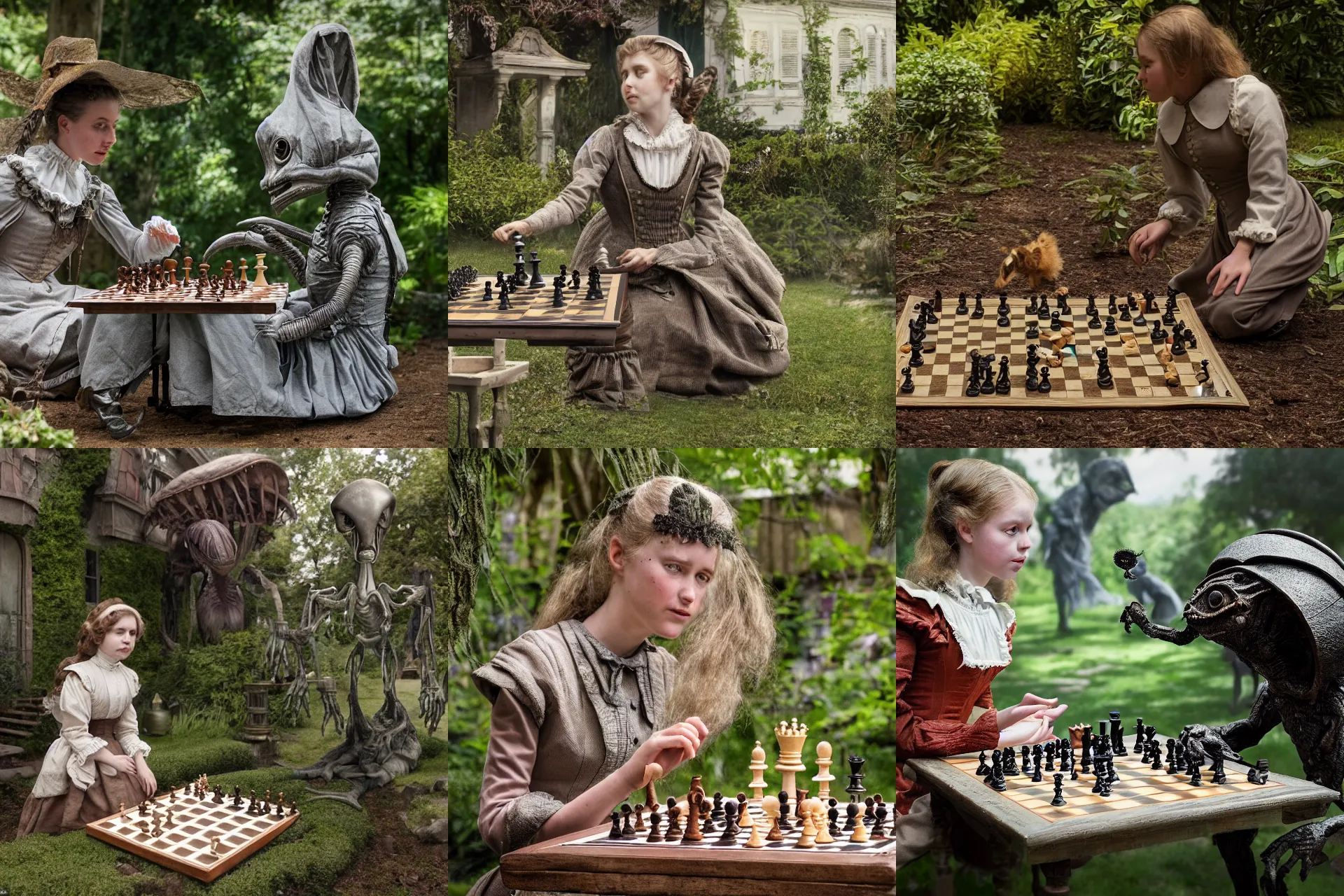 Prompt: detailed, sharp, a girl playing chess with her pet alien creature, wearing 1850s era clothes, in the garden of a house on an alien planet, extremely highly detailed, hyperrealistic, highly detailed faces, 70 mm still from a period sci fi movie, 4k, HD