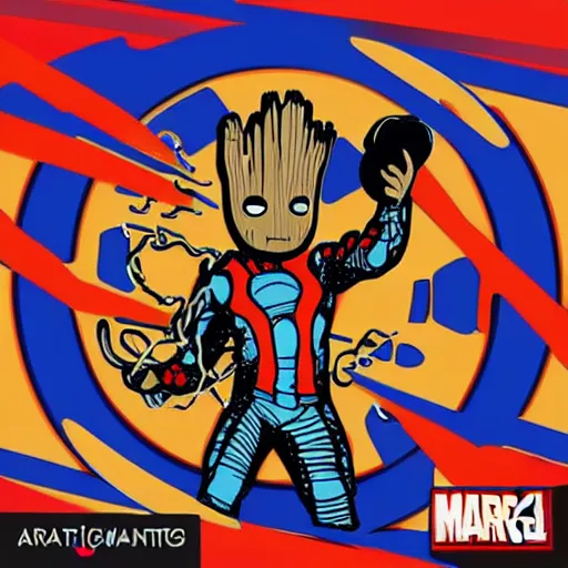 Image similar to svg sticker of a Pop-Wonder Groot-Marvel-Avenger at a rave, spinning records, giant headphones rocking out, wearing headphones, huge speakers, dancing, rave, DJ, spinning records, digital art, amazing composition, rule-of-thirds, award-winning, trending on artstation, featured on deviantart