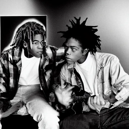 Image similar to photo of basquiat and kurt cobain in a high end studio, photorealistic,