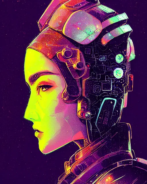 Image similar to detailed side profile portrait Neon Operator Girl, cyberpunk futuristic neon, reflective puffy coat, decorated with traditional Japanese ornaments by Ismail inceoglu dragan bibin hans thoma greg rutkowski Alexandros Pyromallis Nekro Rene Maritte Illustrated, Perfect face, fine details, realistic shaded, fine-face, pretty face