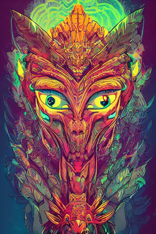 Image similar to totem animal tribal chaman vodoo mask feather gemstone plant video game illustration vivid color borderlands by josan gonzales and dan mumford radiating a glowing aura