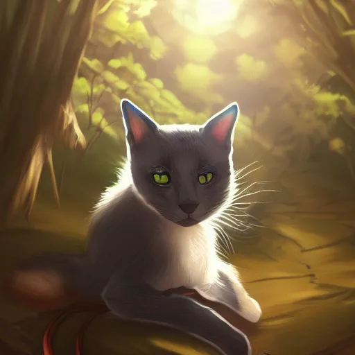 Image similar to a portrait of a cat in the forest, trending on artstation, trending on furaffinity, digital art, by kawacy, anime, furry art, warm light, backlighting, cartoon, concept art