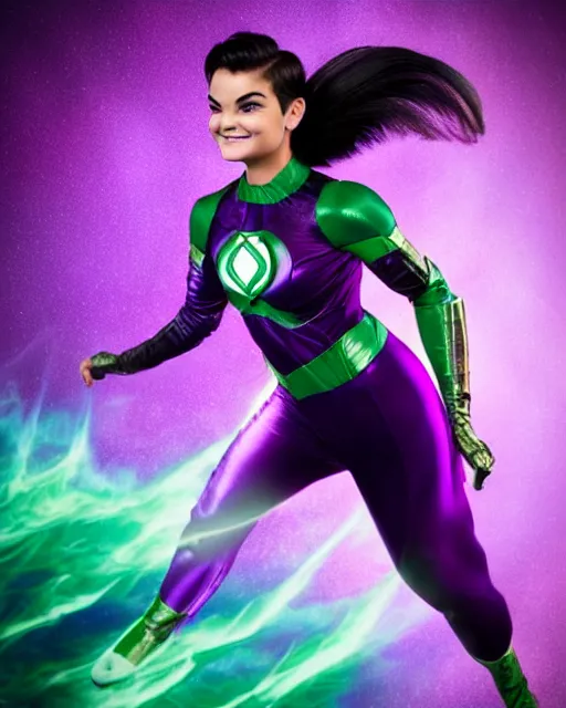 Prompt: photos of beautiful actress Brianna Hildebrand with Purple colored skin makeup as the purple skinned Green Lantern soranik natu as she soars thru outer space, Brianna Hildebrand, photogenic, purple skin, short black pixie like hair, particle effects, photography, studio lighting, cinematic