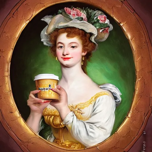 Image similar to heavenly summer sharp land sphere scallop well dressed lady holding a starbucks coffee cup, auslese, by peter paul rubens and eugene delacroix and karol bak, hyperrealism, digital illustration, fauvist, starbucks coffee cup green logo