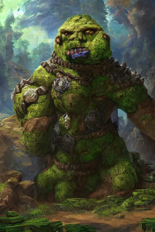 Image similar to zelda fantasy art giant golem troll wood rock greeble gemstone, global illumination ray tracing hdr fanart arstation by sung choi and eric pfeiffer and gabriel garza and casper konefal