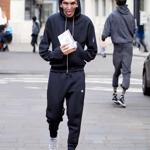 Image similar to skinny mixed race man wearing a tracksuit with trousers are half way down in london