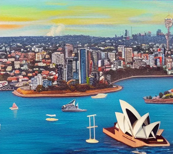 Image similar to an oil painting that combines the city of sydney and the city of guadalajara