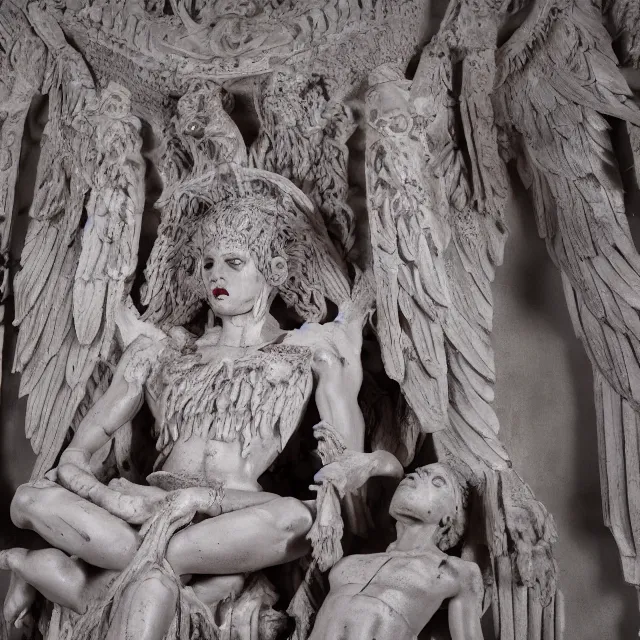 Image similar to temple made of flesh, blood temple, angel statues, 8 0's horror movie film still, highly detailed, award - winning photography, 1 2 0 mm