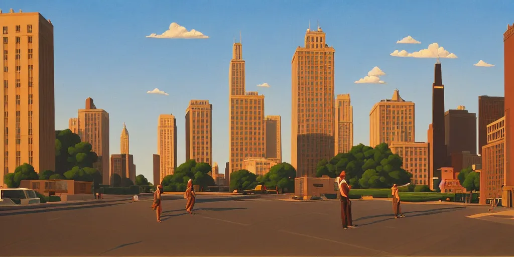 Prompt: vintage chicago, blue sky, summer evening, kenton nelson