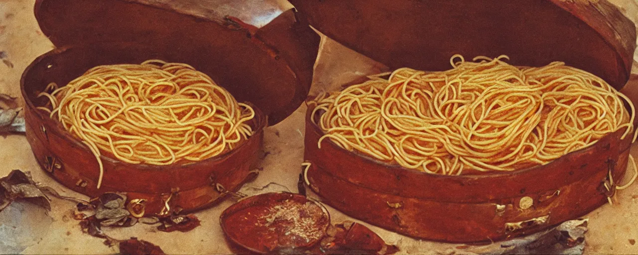 Prompt: the treasure chest of spaghetti in the mali empire, 1 5 0 0 s canon 5 0 mm, kodachrome, retro