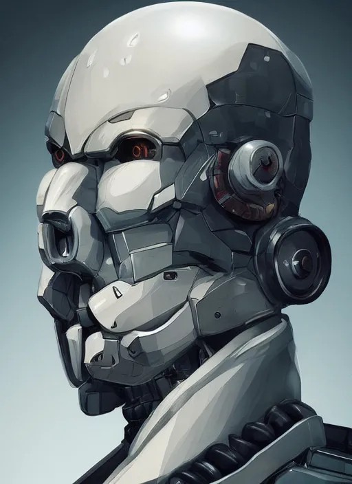 Prompt: bladerunner, cyberpunk, full head, angled facial portrait of a bone ceramic caliente mech humanoid robot Spanish ninja with an attractive bald head and handsome features, large glowing eyes, macho, piroca, dotado, guapo, reflective surface, overwatch, trending on cgsociety, trending on artstation