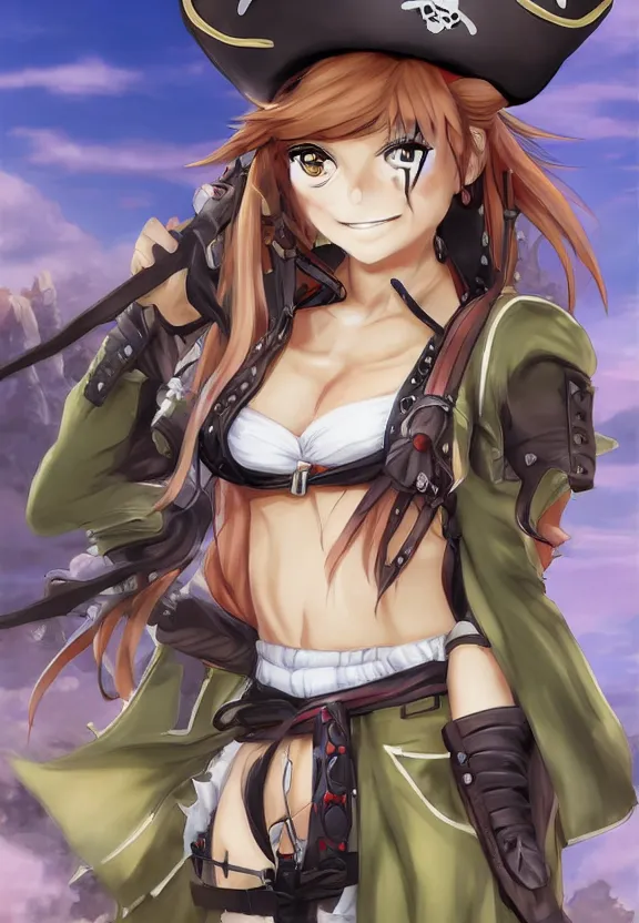 Image similar to extreme wide angle portrait of a female pirate, a cute uniform, somewhat of an anime in fantasy style, trending artwork, made with anime painter studio, by anato finstark, tony sart and an anime artist, collaboration