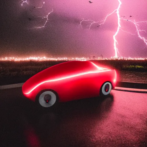 Prompt: futuristic red flying car emerging from a circular portal made of lightning in a thunderstorm at night, 8k 28mm cinematic photo