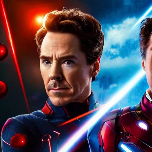 Prompt: benedict cumberbatch and robert downey jr fight eye lasers against each other. cumberbatch supervillain, robert downey superhero, marvel poster, view from afar, epic battle