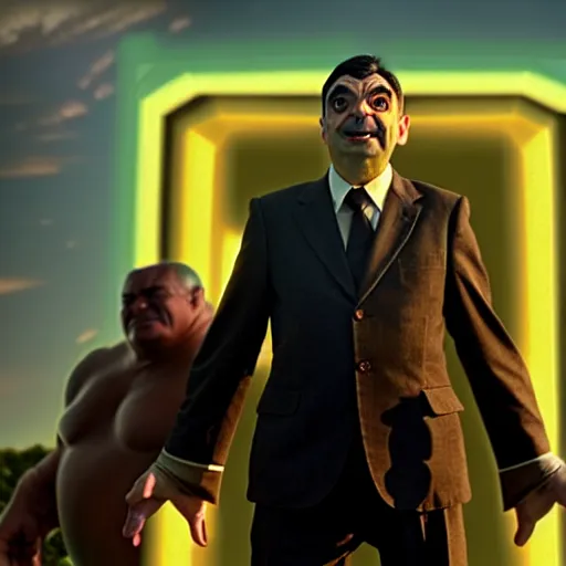 Image similar to mr. bean as thanos from the avengers movie. movie still. cinematic lighting.