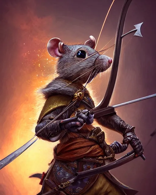 Image similar to closeup 2 8 mm anthropomorphic archer rat using a crossbow in a castle, d & d, fantasy, intricate, action pose, particle effects, highly detailed, digital painting, artstation, concept art, matte, sharp focus, volumetric lighting, illustration, hearthstone, art by artgerm, wlop, craig mullins, alphonse mucha