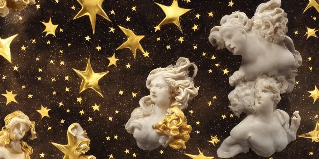 Image similar to baroque woman marble and gold in space, stars, clouds