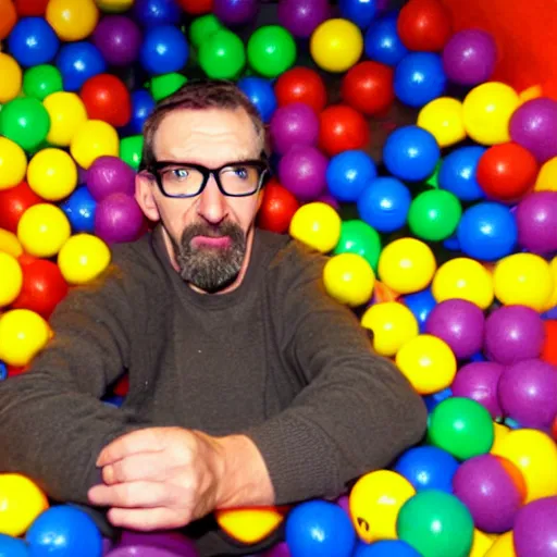 Prompt: gordon freeman from half life 2 playing in a ball pit