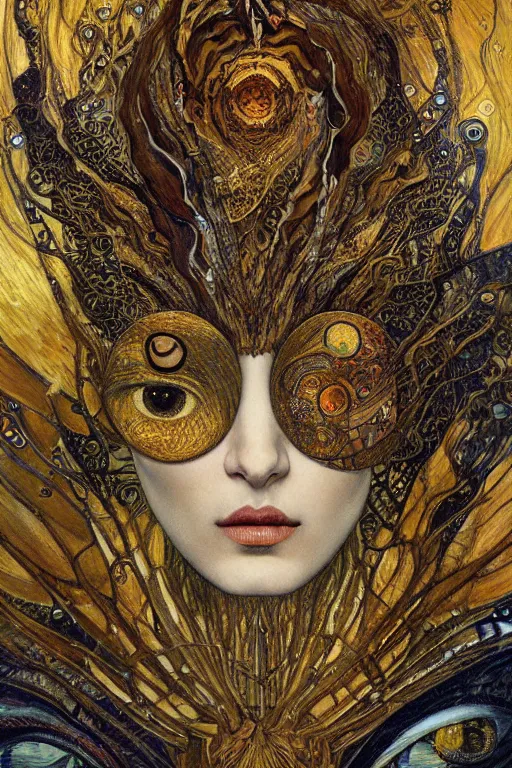 Image similar to Metamorphosis by Karol Bak, Jean Deville, Gustav Klimt, and Vincent Van Gogh, transformation portrait, chimera, visionary, cicada wings, otherworldly, fractal structures, ornate gilded medieval icon, third eye, hybrid, fusion, change, spirals, horizontal symmetry