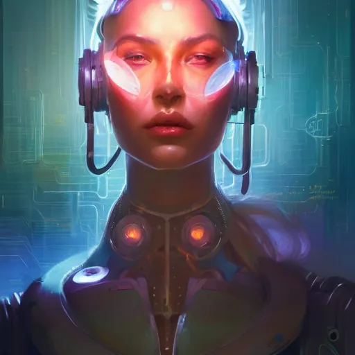 Prompt: a portrait of a beautiful cybernetic hippie, cyberpunk concept art by pete mohrbacher and wlop and artgerm and josan gonzales, digital art, highly detailed, intricate, sci-fi, sharp focus, Trending on Artstation HQ, deviantart, unreal engine 5, 4K UHD image