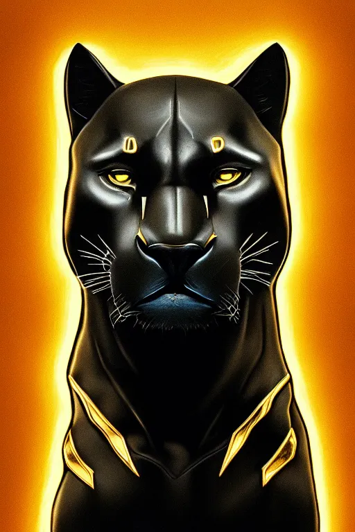 Prompt: Portrait of a black panther, elegant, photorealistic, highly detailed, artstation, smooth, sharp focus, gold ornaments, neon lighting, sci-fi, art by Klimt