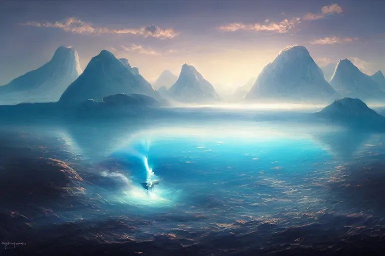 Image similar to a mountain floats upside down in the blue ocean from underwater cinematic fantasy painting by jessica rossier