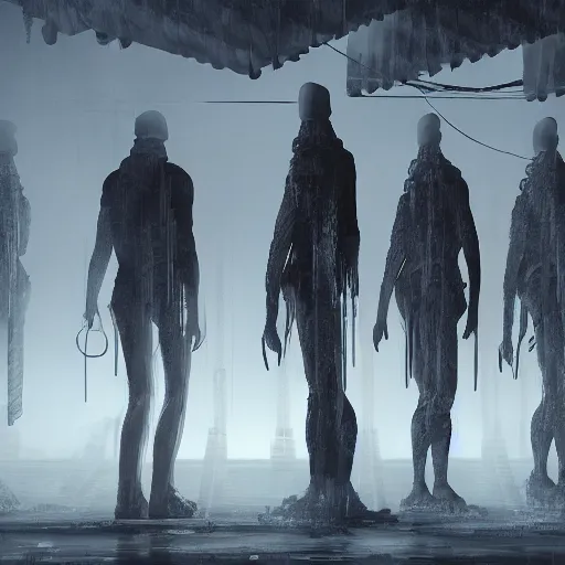 Image similar to illustration of rows of humans hanging on hooks in an ice box, rolling fog, cyberpunk, dystopian, dramatic lighting, unreal engine 5