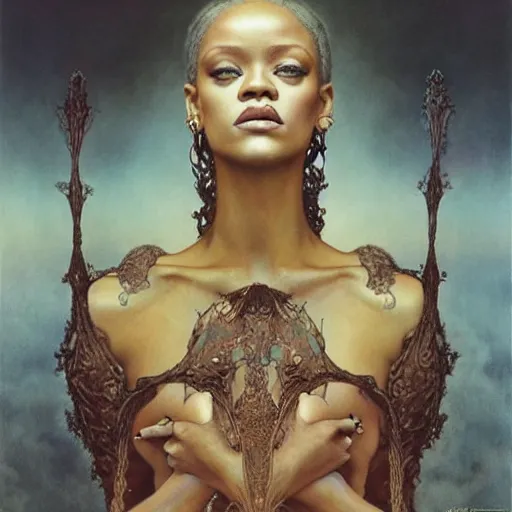 Image similar to rihanna by zdzisław beksinski, iris van herpen, raymond swanland and alphonse mucha. highly detailed, hyper - real, beautiful