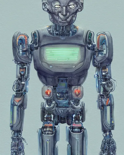 Image similar to a watercolor painting full body character portrait of a humanoid robotic machine mutant in the style of moebius in the style of leonard boyarsky trending on artstation deviantart pinterest detailed photorealistic highlights and shadow hd 8 k post - processing high resolution