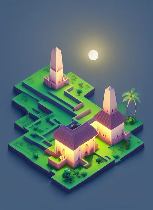 Prompt: a low poly isometric render of a moonlit kerala village in the style of monument valley, intricate, elegant, smooth shading, soft lighting, illustration, simple, solid shapes, by magali villeneuve, jeremy lipkin and michael garmash, rob rey and kentaro miura style, octane render, midsommar