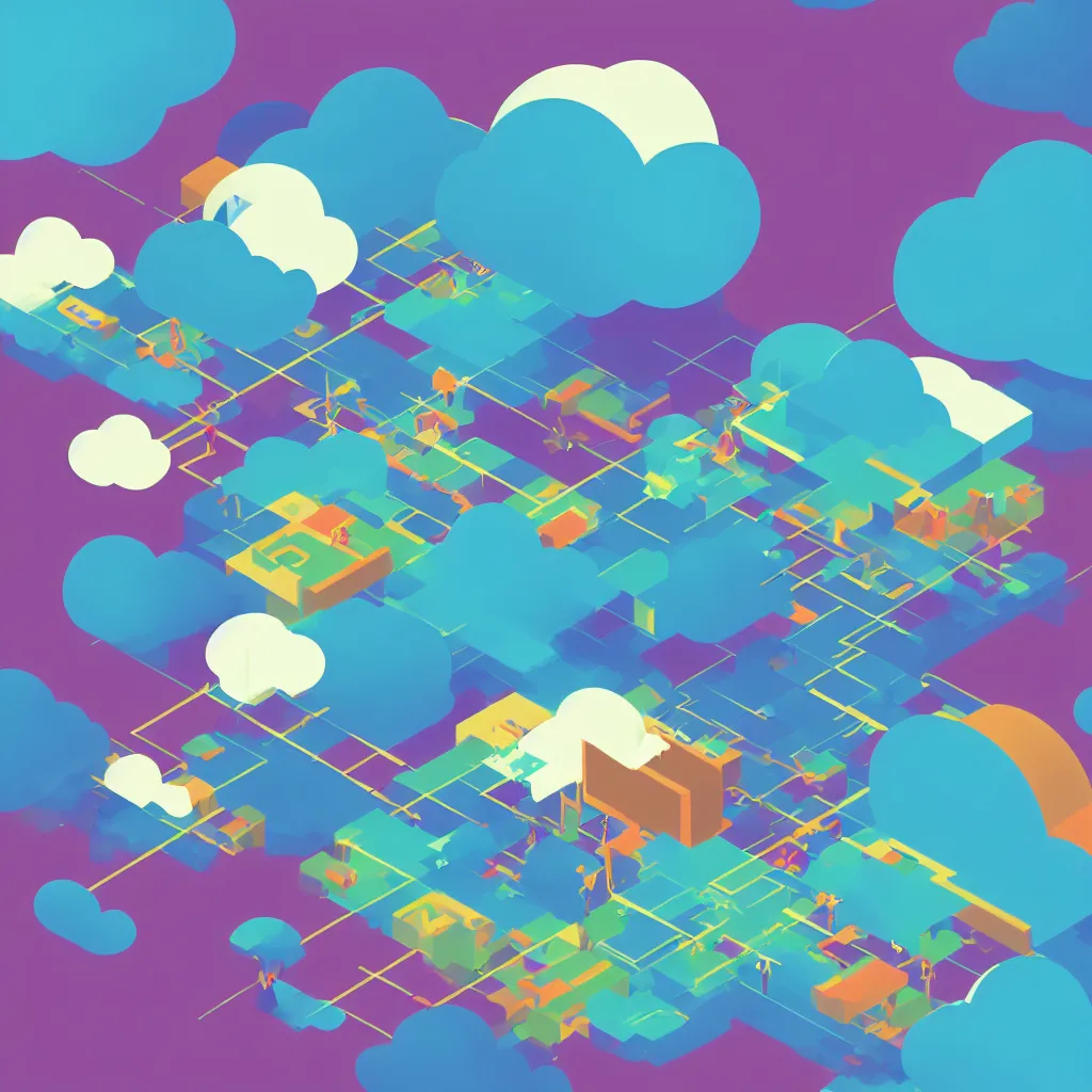 Image similar to a simple micro-service deployed to a public cloud, security, attack vector, trending on Artstation, painting by Jules Julien, Leslie David and Lisa Frank, muted colors with minimalism