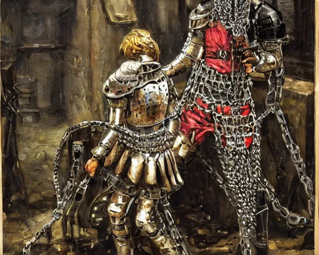 Image similar to [ 1 6 k realism ] a mettallic knight covered in chains in a dirty filthy basement, the knight is being tortured by a skinny princess made of teeth