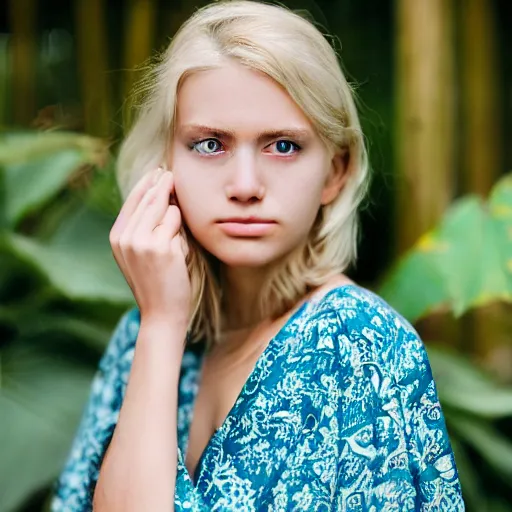 Image similar to petzval lens. shallow depth of field. head and shoulders portrait photograph of an extremely beautiful!!!! young blonde female. symetric face. round detailed eyes. with a very detailed barn owl! on her shoulder. wearing a yellow kimono!!.. in a tropical greenhouse. featured on flickr, art photography, photo taken with provia,