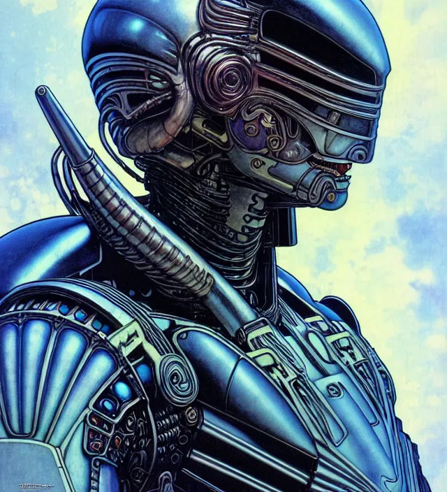 Prompt: realistic detailed portrait of a handsome futuristic captain in alien cyberpunk armor by moebius, jodorowsky, alphonse mucha, ayami kojima, amano, greg hildebrandt, male, hero, sexy, masculine, art nouveau, cyberpunk, neo - gothic, gothic, masterpiece artwork, character concept design,