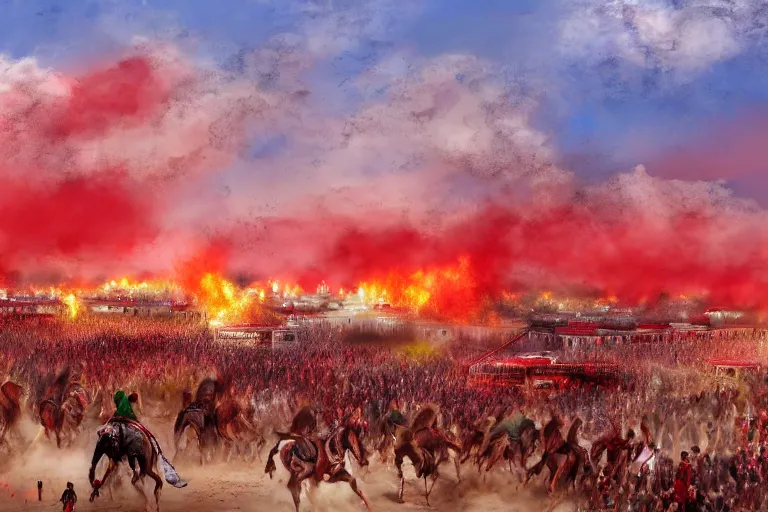 Image similar to karbala battle field, imam hussain, horses and people panicked, red cloudy sky, tents on fire, women running away, photo realistic painting