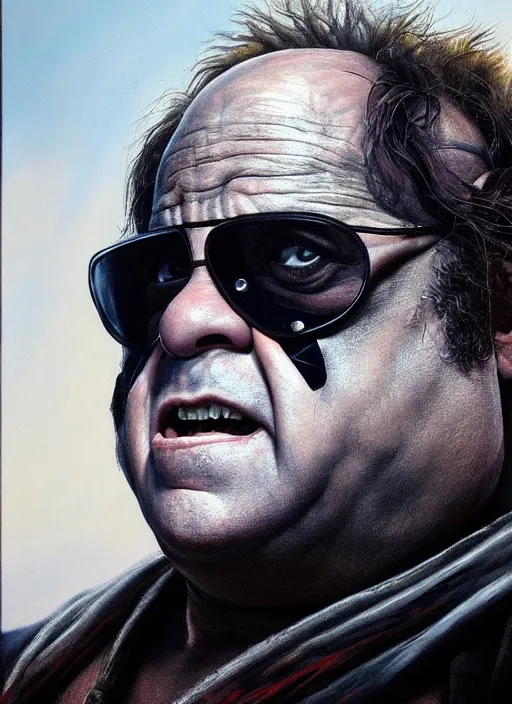 Prompt: portrait of danny devito as a character in mad max 2 : the road warrior, film still, detailed realism face in painting, detailed beautiful portrait, oil painting masterpiece, 8 k resolution, smooth, sharp focus, trending on artstation, by rembrandt